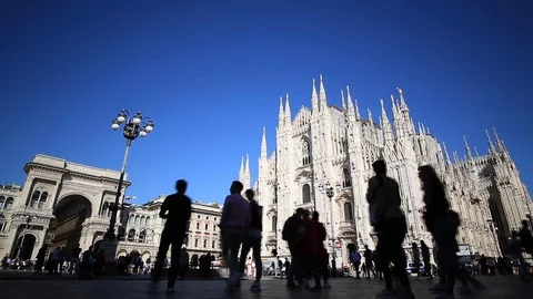Real time of Duomo Cathedral in Milan, Italy with blue sky and people walking Stock Footage