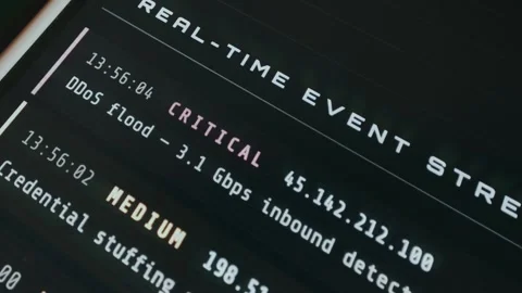 Real-time event log from a cybersecurity monitoring dashboard with detected Video stock 334422114