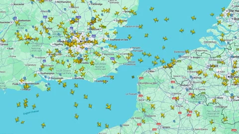 Real-Time Flight Traffic Over English Channel and Western Europe Stock Footage 318362263