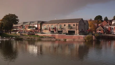 Real time footage of Pan of Exeter Quay with the historic Customs House Stock Footage 142324719