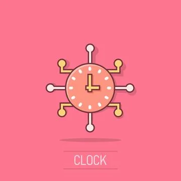 Real time icon in comic style. Clock vector cartoon illustration on white i.. Ilustración de archivo