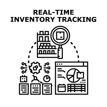 Real time inventory tracking managing warehouse stock and data Stock Illustration