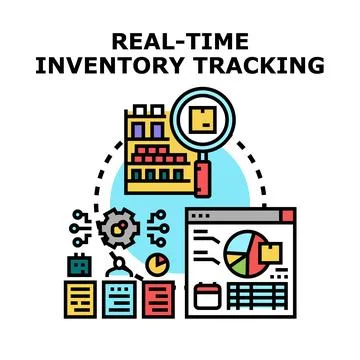 Real time inventory tracking managing warehouse stock and data Stock Illustration