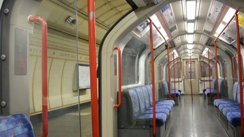 Real time, London Empty Central Line Tube car at station, with audio Stock Footage 127293455