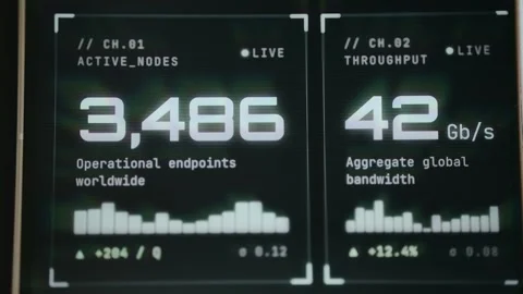 Real-time network status metrics, count of active nodes and global bandwidth Stock Footage 333851895