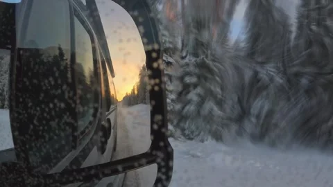 Real time Point of view camper van side mirror during winter road trip thro.. Stock Footage 328371527