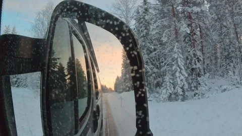 Real time Point of view camper van side mirror during winter road trip thro.. Stock Footage 341267429