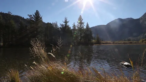 Real time shot of the sun in blue sky over a California mountain lake in autumn Stock Footage 130295445