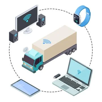 Real time tracking for cargo trucks isometric Illustrazione stock