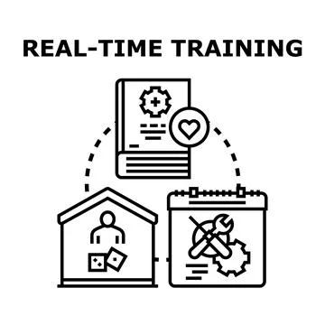 Real time training concept illustrates people learning new skills, updating k Stock Illustration