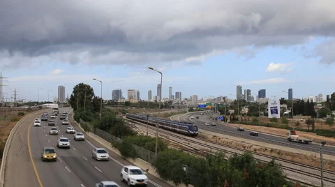 Real time view of the downtown Tel Aviv, movement of cars and train Stock Footage 43284011