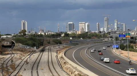 Real time view of the downtown Tel Aviv, movement of cars and train Stock Footage 43291244