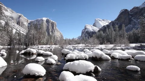 Real time view of a snowy Merced river in Yosemite Valley on a sunny morning Stock Footage 145372202