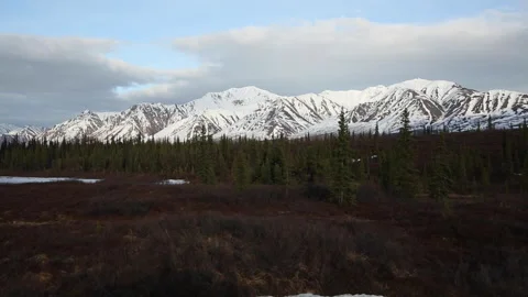 Real time view of sunset cloud shadows on snowy mountains and pines in Alaska Stock Footage 242980815