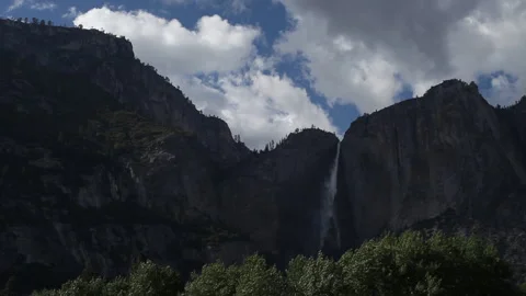 Real time view of Yosemite Falls On a Partly Cloudy And Windy Spring Afternoon Stock Footage 148052650