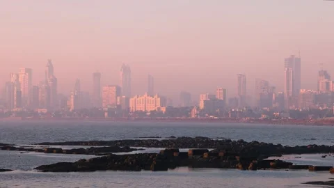 Real time Wide angle of Mumbai City Skyline as seen from Marine Drive Stock Footage 170990598