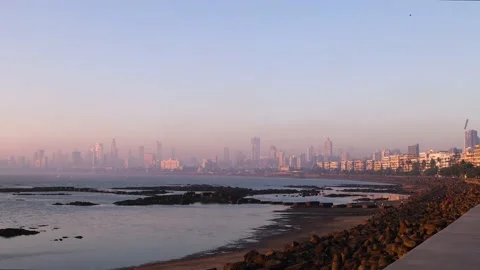 Real time Wide angle of Mumbai City Sunset Skyline as seen from Marine Drive Stock Footage 170991126