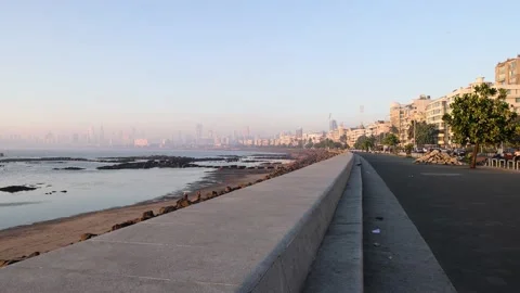 Real time wide view of Empty Marine Drive Promenade Mumbai during Sunset Stock Footage 170990230