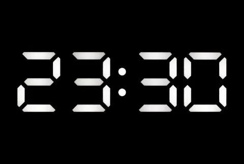 Real white led digital clock on black background Stock Photos