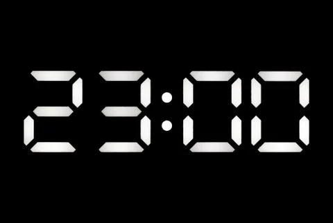 Real white led digital clock on black background Stock Photos