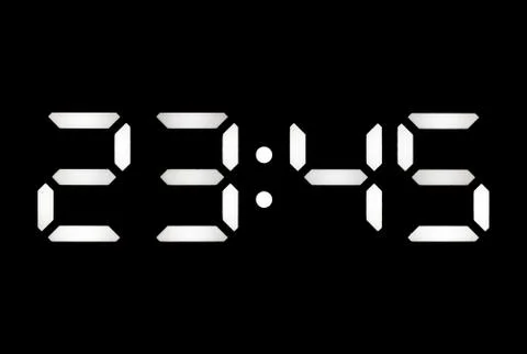 Real white led digital clock on black background Foto stock