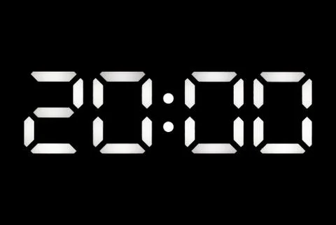 Real white led digital clock on black background Foto stock