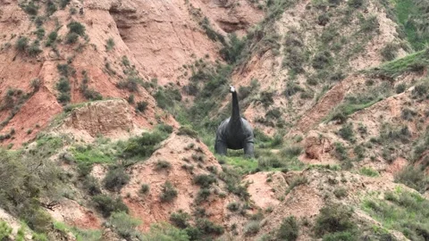 Real-world video: Zoom In Of Black Sauropod Dinosaur Sculpture In Canyon Vídeos de archivo 312928345