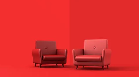 Realistic 2 red sofa mock up on red background Stock Illustration