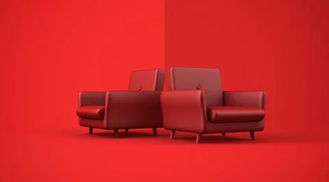 Realistic 2 red sofa mock up on red background Stock Illustration