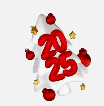 Realistic 2025 red numbers and festive confetti on light background. Vector Stock Illustration