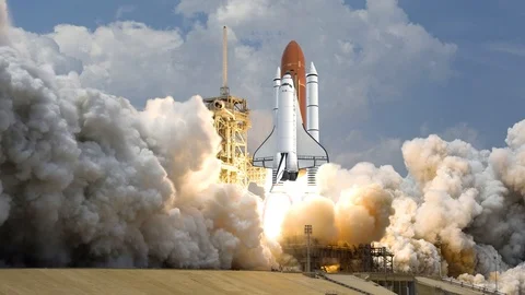 Realistic 3D Animation of Space Shuttle launching in slow motion. Elements of Stock Footage 109506342