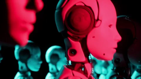 Realistic 3d animation of walking Ai humanoid robots. Lined in rows Stock Footage 322097088