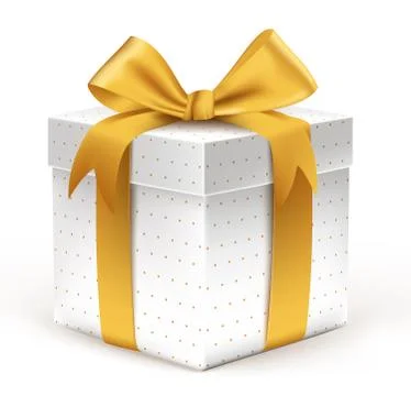 Realistic 3D Beautiful White Gift with Colorful Gold Ribbons Wrap Stock Illustration