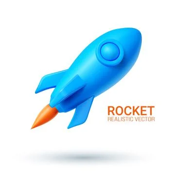 Realistic 3d blue rocket flying in space. Spaceship rocket icon isolated on Stock-Illustration