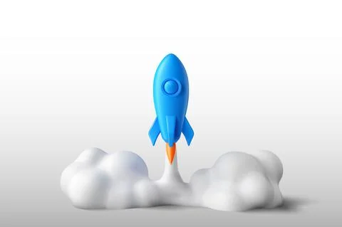 Realistic 3d blue rocket flying in space. Spaceship rocket lunch icon isolated Illustrazione stock