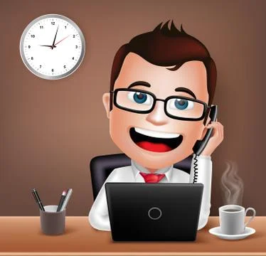 Realistic 3D Businessman Character Working on Office Desk Table Stock Illustration