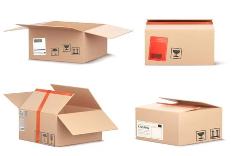 Realistic 3D cardboard open box mockup, red tape 库存插图