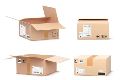 Realistic 3D cardboard open box mockup wirh tape Stock Illustration