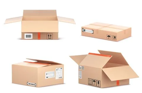 Realistic 3D cardboard open box mockup, red tape 库存插图