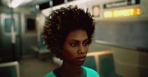 Realistic 3D character in subway train during late night commute Stock Illustration