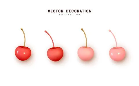 Realistic 3d cherry berry. Cherry red and pink, matte and glossy shade. Set.. Stock Illustration