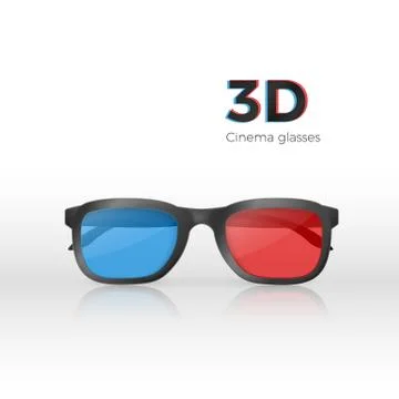 Realistic 3d cinema glasses front view. Plastic glasses with red and blue gla Stock Illustration