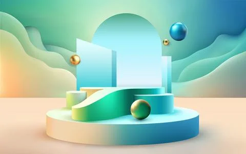 Realistic 3d circle podium with geometric figures for product presentation Stock Illustration