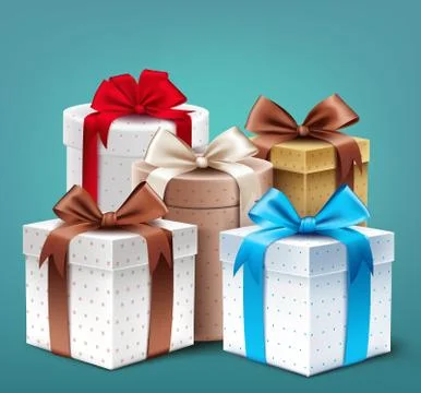 Realistic 3D Collection of Colorful Pattern Gift Box with Ribbon and Bow Stock Illustration