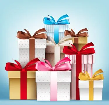 Realistic 3D Collection of Colorful Pattern Gift Box with Ribbon Stock Illustration