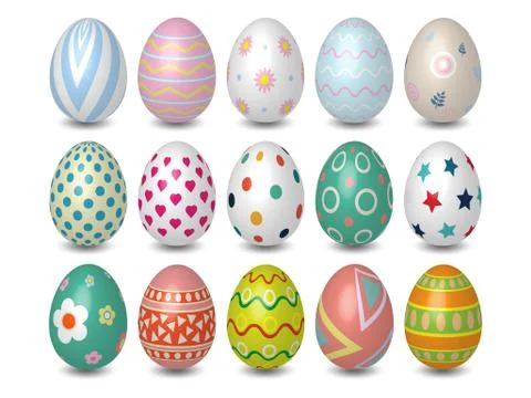 Realistic 3D Colored Easter eggs different texture, pattern on White backgrou Stock Illustration