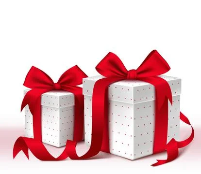 Realistic 3D Colorful Red Gift Box with Pattern and Satin Ribbon Stock Illustration