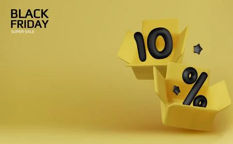 Realistic 3D composition of yellow open boxes with black discount symbols. Clean Stock Illustration