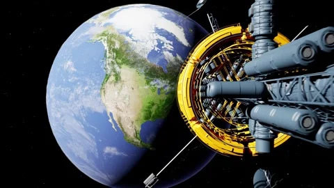 Realistic 3D computer animation of a huge spaceship traveling away from Earth Stock Footage 274576279