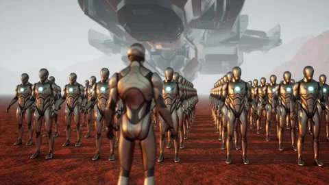 Realistic 3D computer animation of robots gathering on the surface of Mars Stock Footage 274575823